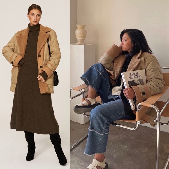 DEREK LAM 70s Reversible Wool Blend Quilted Faux Shearling Oversized Barn Coat 6 - Picture 4 of 17